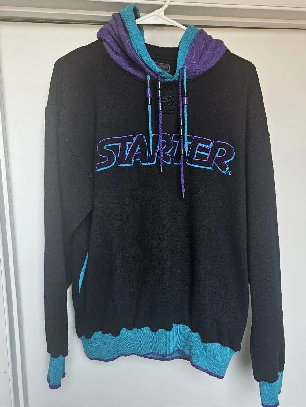 Rare Vintage 80s 90s Starter Color Block Hoodie Black Teal & Purple Size Medium